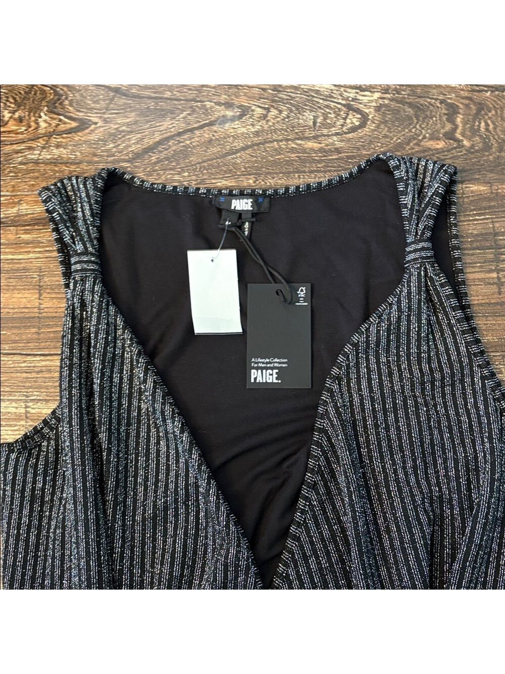 PAIGE Marina Wrap Dress Black Silver Lurex Pinstripe Midi Size Medium NWT - Picture 4 of 9